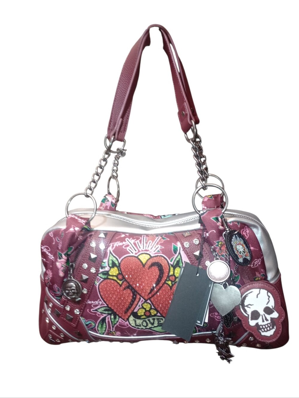 Ed Hardy Hearts Of Stone Burgundy Faux Leather Handbag, NWT
